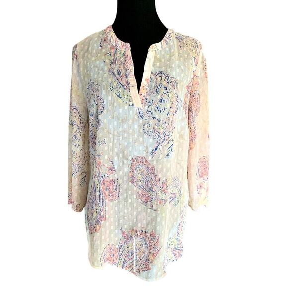 Chico's Sheer Boho Paisley Long Sleeve Tunic Top Pink Blue Size Small/0 Chico's - Picture 1 of 9